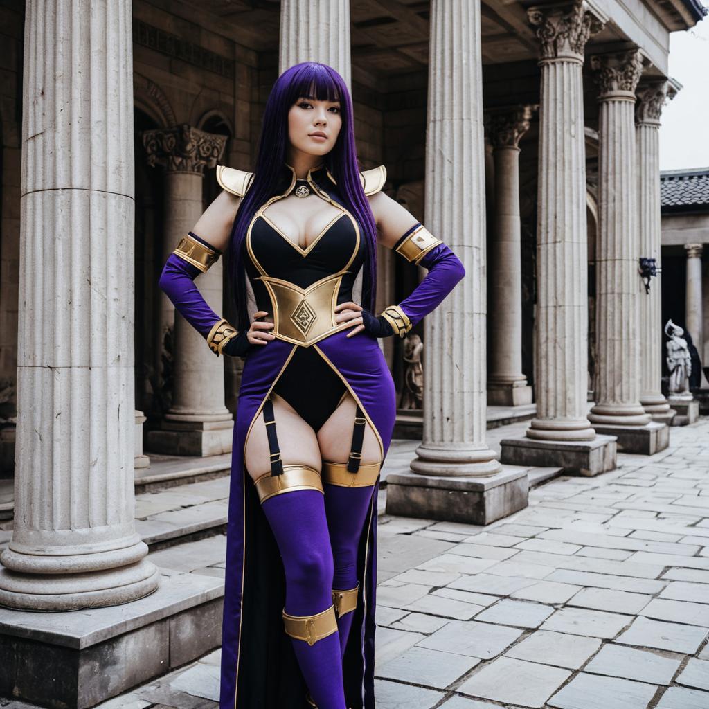 Woman in Purple and Gold Fantasy Costume Posing by Classical Columns