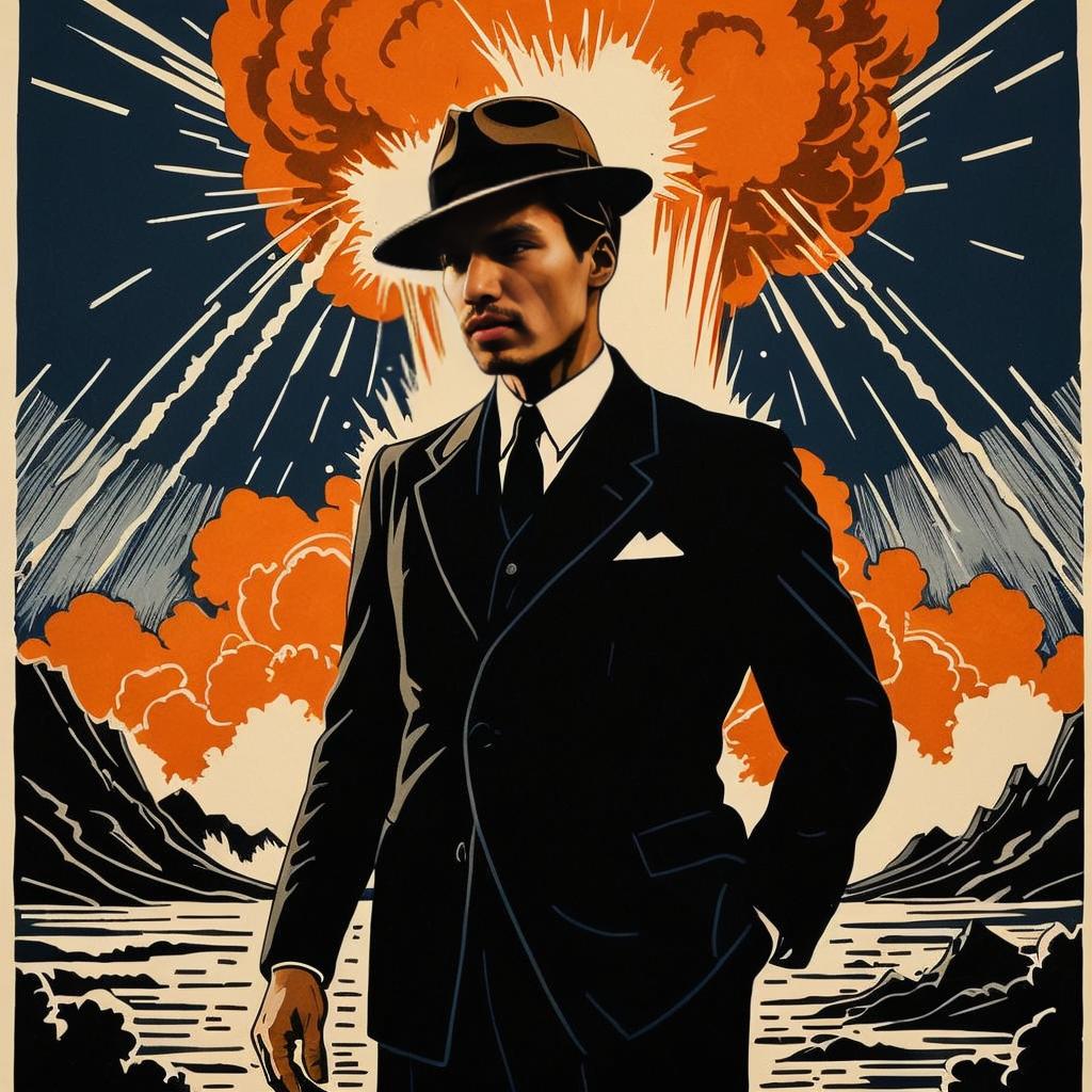 Retro Noir Man in Suit with Explosive Vintage Pulp Art Background