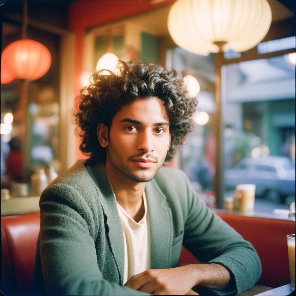 Thoughtful young man at a café with colorful lanterns