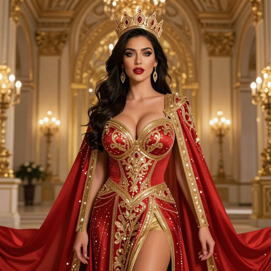 Regal Woman in Ornate Red and Gold Royal Gown with Crown in Palace