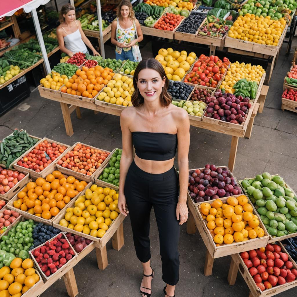 Stylish Woman at Vibrant Fruit and Vegetable Market