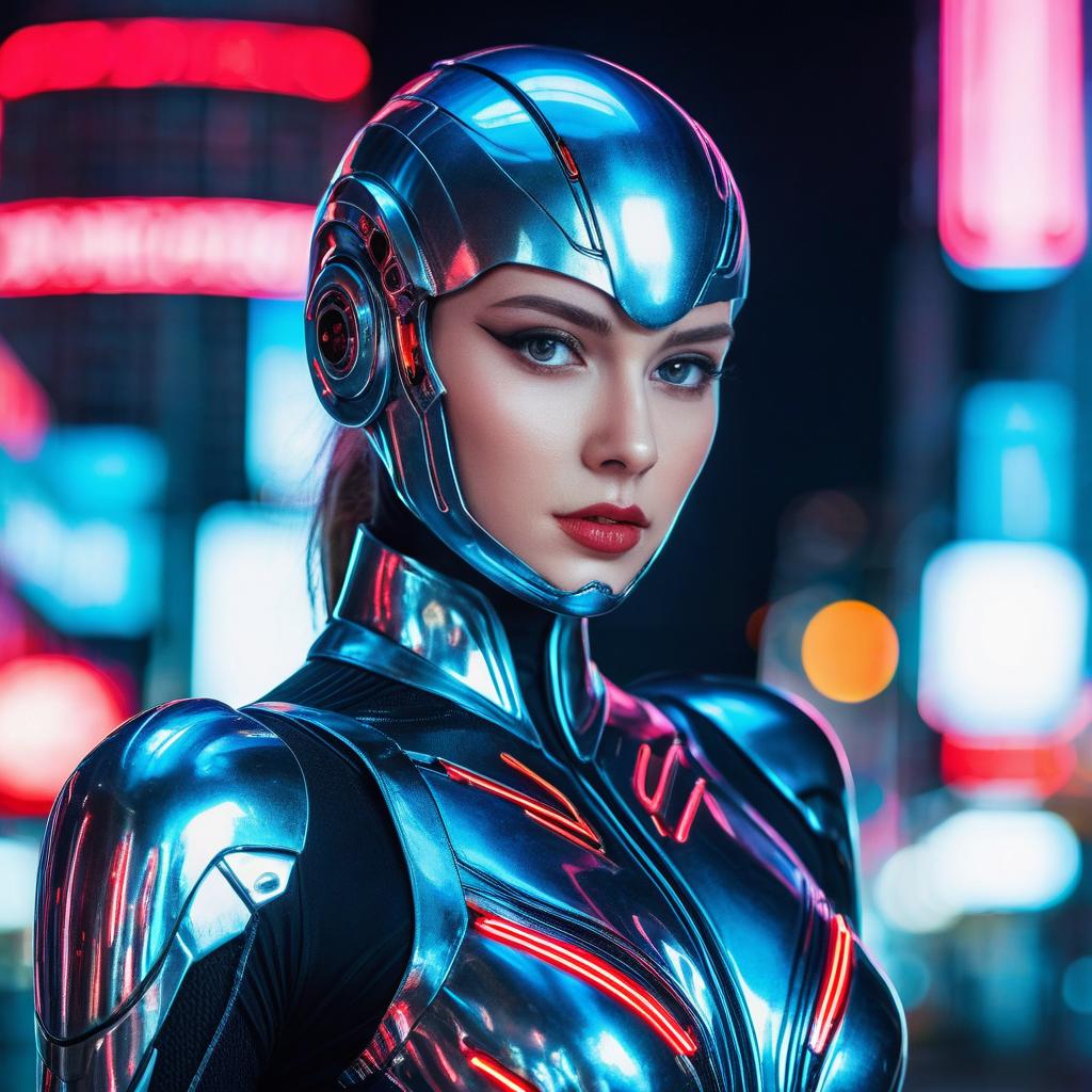 Woman in Futuristic Metallic Armor Against Neon City Lights