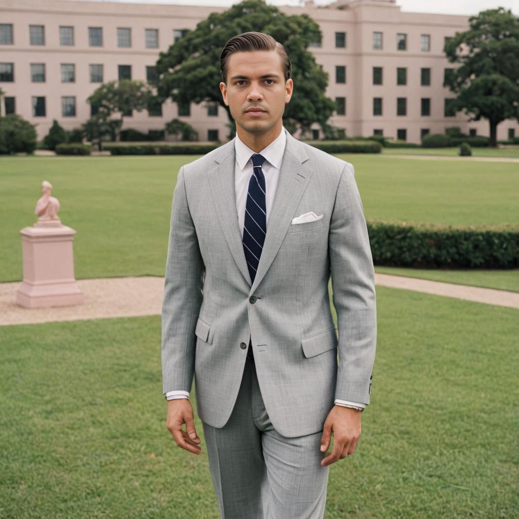 Elegant Man in Light Grey Suit Before Classic Building