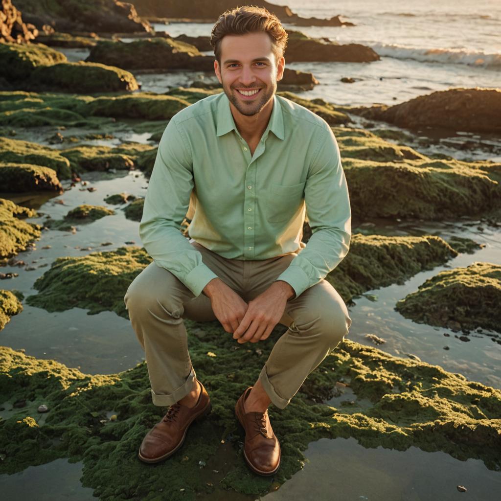 Man in Green Shirt on Mossy Rocks at Beach