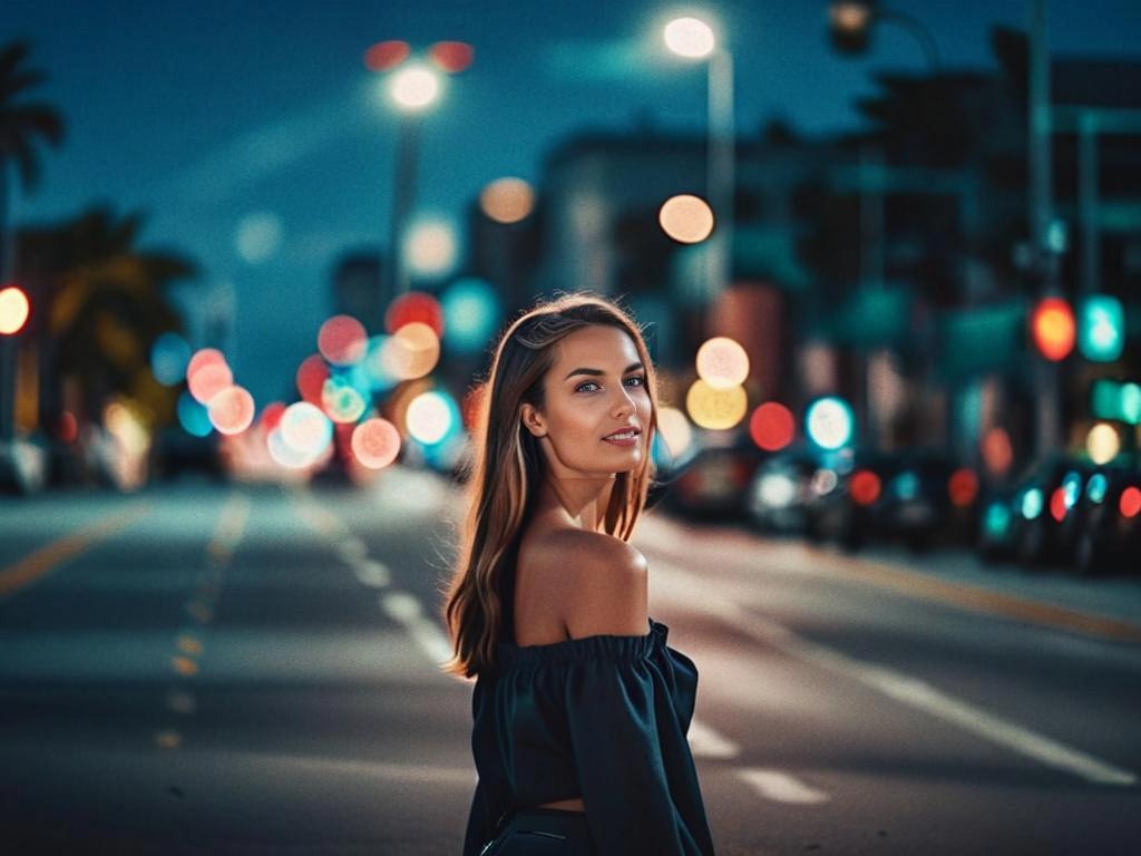 Confident Young Woman in City Night