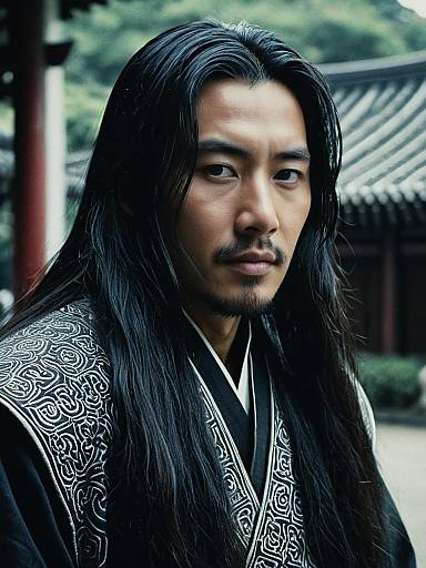 Cinematic Portrait of Man in Traditional Asian Long Hair Costume