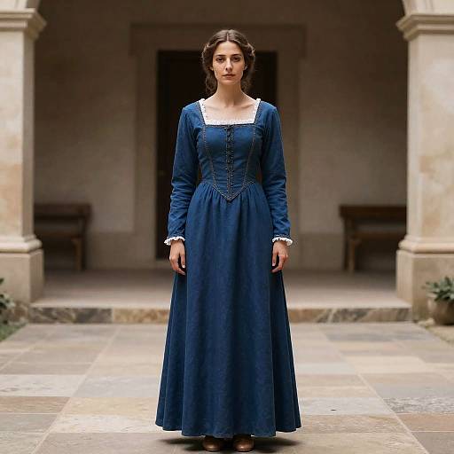 Woman in Blue Medieval Dress Standing in Historic Building