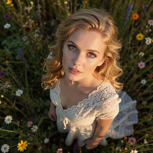 Blonde Woman in White Lace Dress Standing in Sunlit Wildflower Meadow