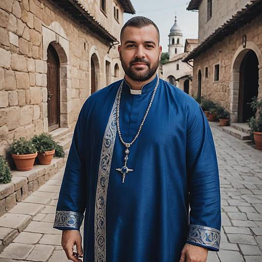 Portrait of Man in Traditional Religious Blue Robe with Cross Necklace in Historic Street