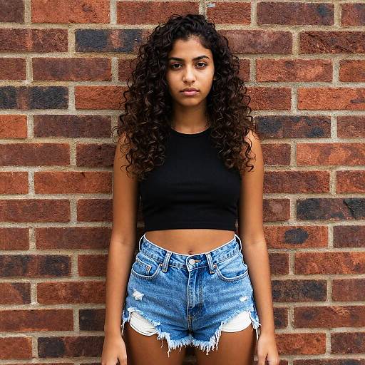 Gen Z Woman Wearing Black Crop Top and Distressed Denim Shorts Against Brick Wall