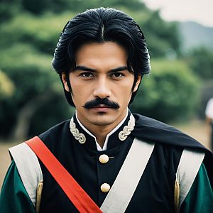 Focused Young Man Wearing Saiyaman Costume with Mustache Outdoors