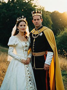 Couple in King and Queen Costumes Photorealistic Outdoor Portrait