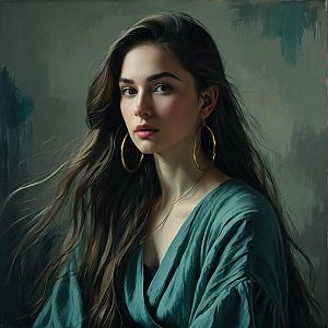 Realistic Portrait of Woman with Hoop Earrings in Teal Clothing