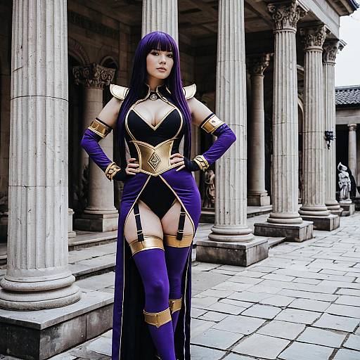 Woman in Purple and Gold Fantasy Costume Posing by Classical Columns