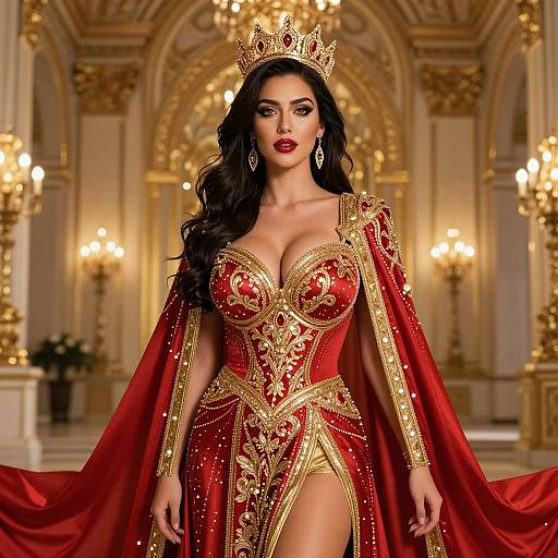 Regal Woman in Ornate Red and Gold Royal Gown with Crown in Palace