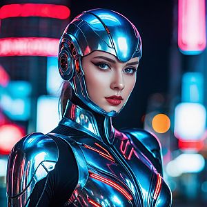 Woman in Futuristic Metallic Armor Against Neon City Lights