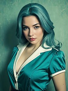 Sexy Woman Cosplaying Rangiku Matsumoto in Teal Satin Outfit