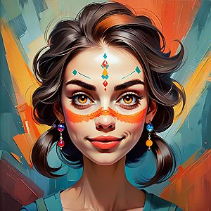 Vibrant Digital Portrait of Young Woman with Amber Eyes