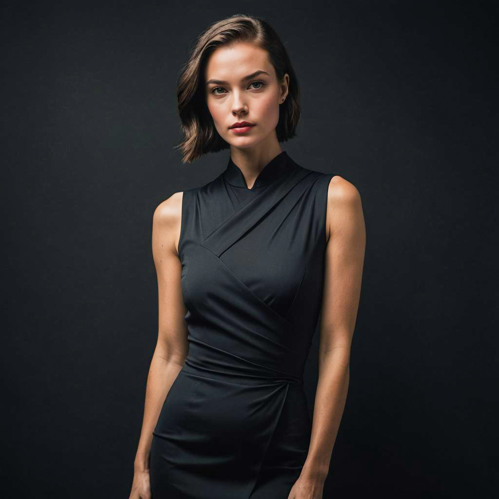 Elegant Woman in Sleek Black Dress Against Dark Background