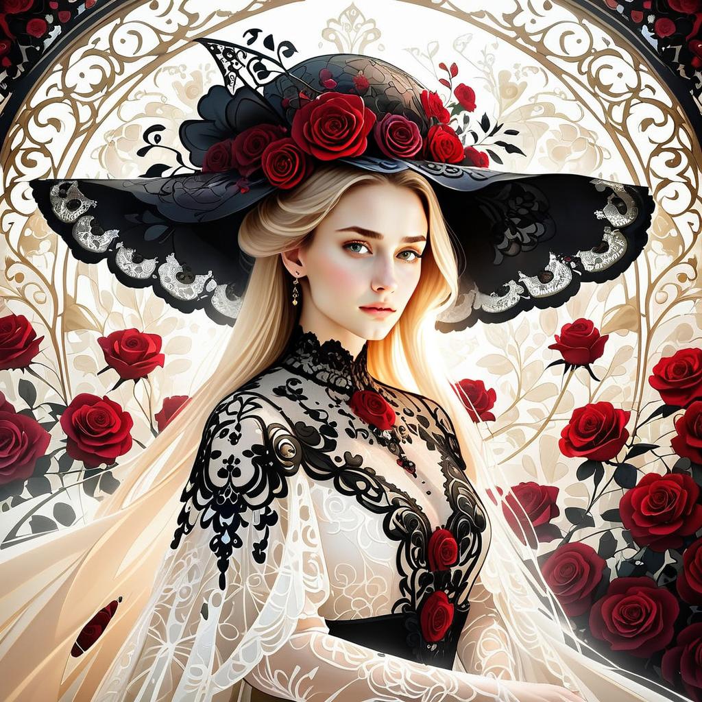 Woman in Black and White Lace Gown with Red Roses