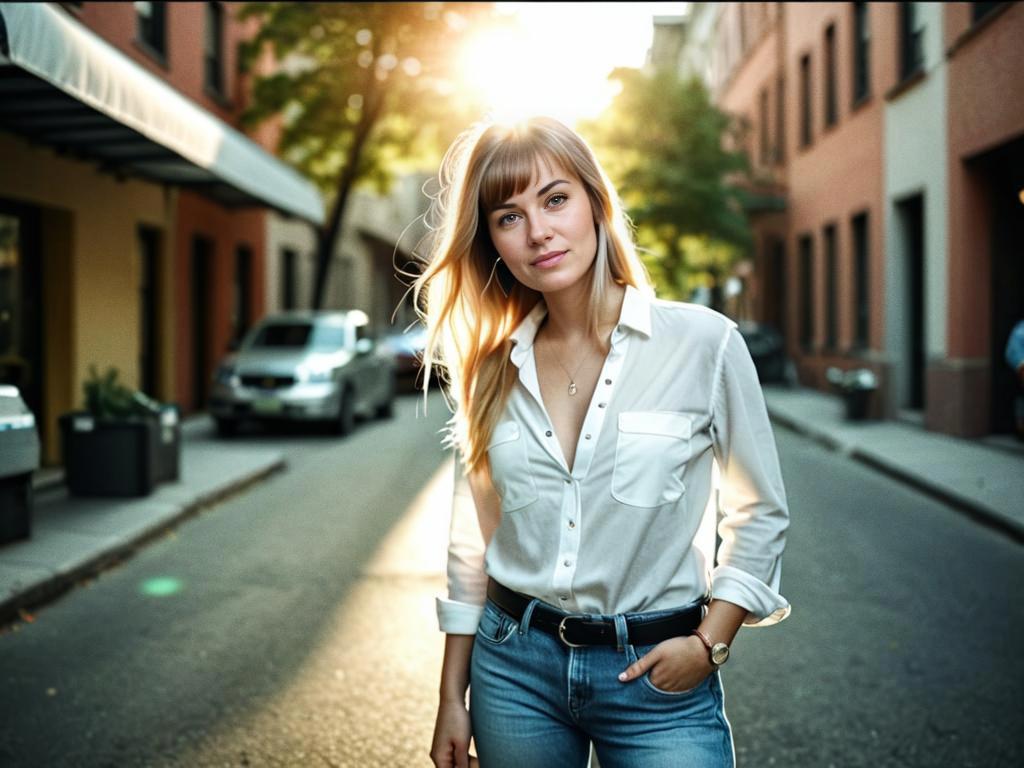 Confident Woman in Sunlit Urban Street