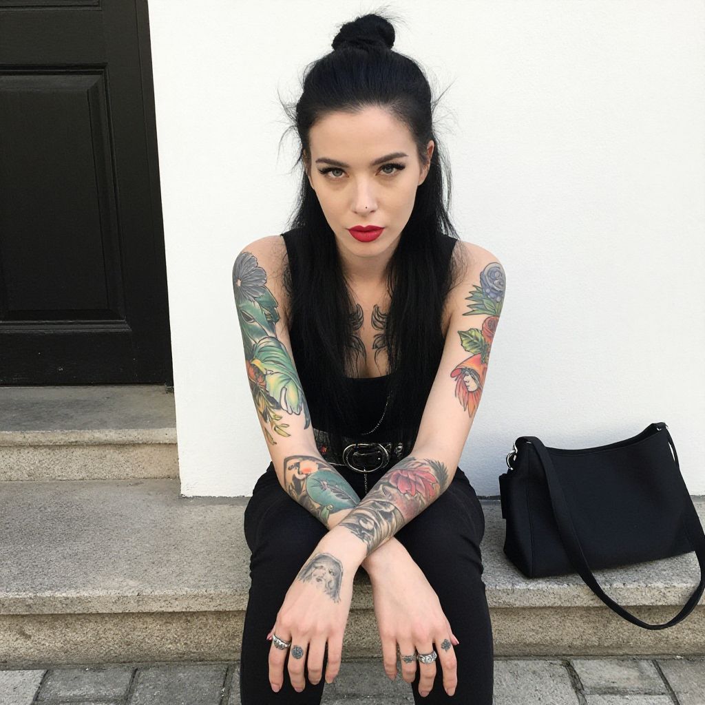 Portrait of Tattooed Woman in Black Sitting on Steps with Handbag