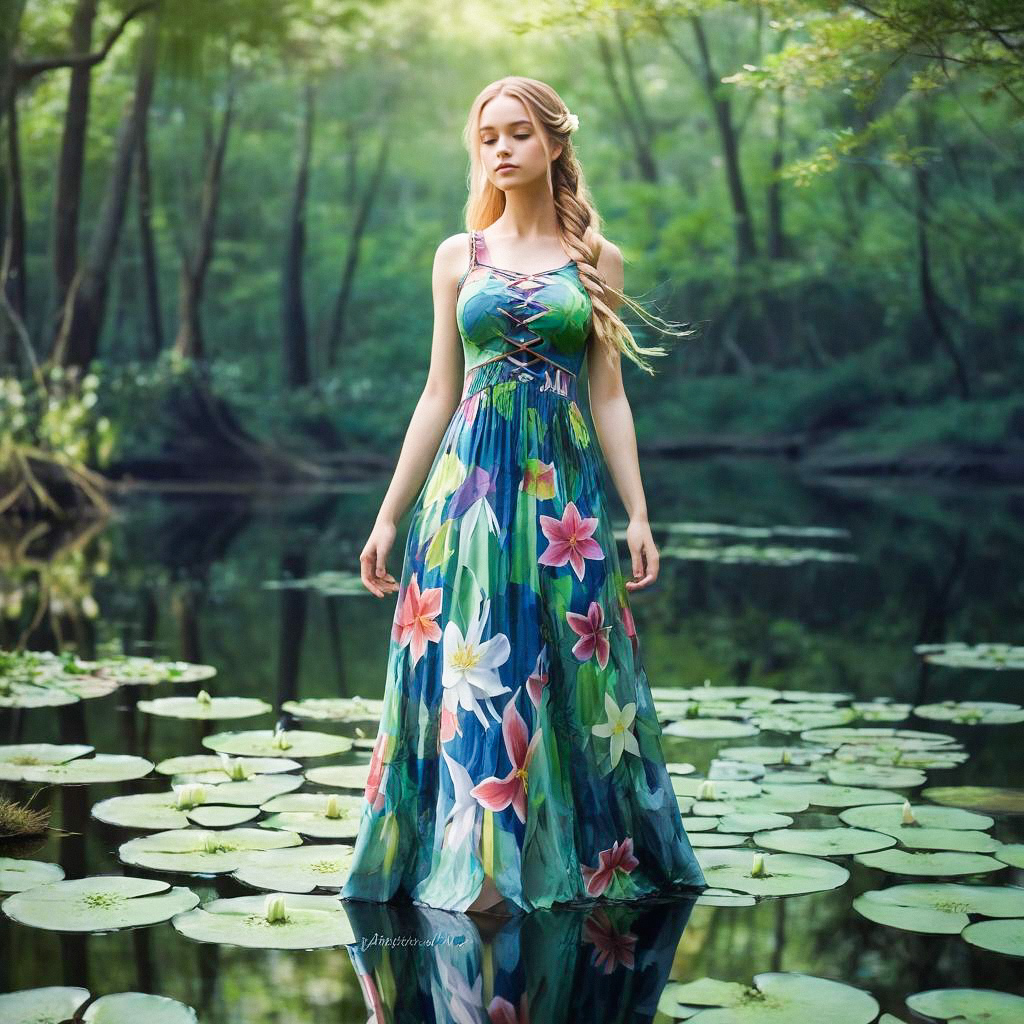 Young Woman on Water Lilies in Serene Pond Young Woman on Water Lilies in Serene Pond