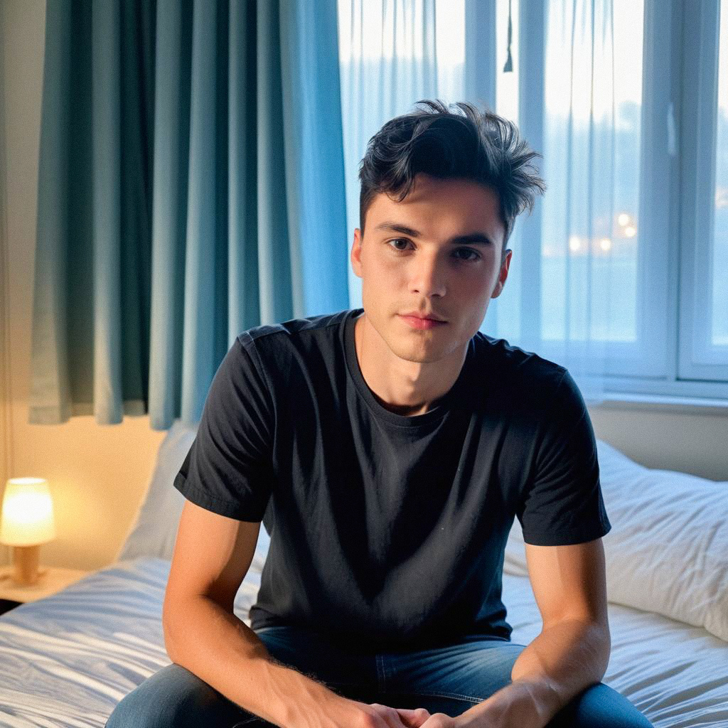 Thoughtful Young Man on Bed with Soft Light Thoughtful Young Man on Bed with Soft Light