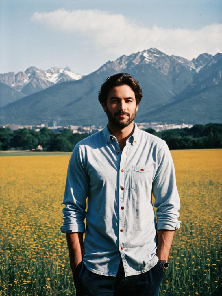 Man Wearing Jersey Button-Down Shirt Standing in Yellow Flower Field with Mountains