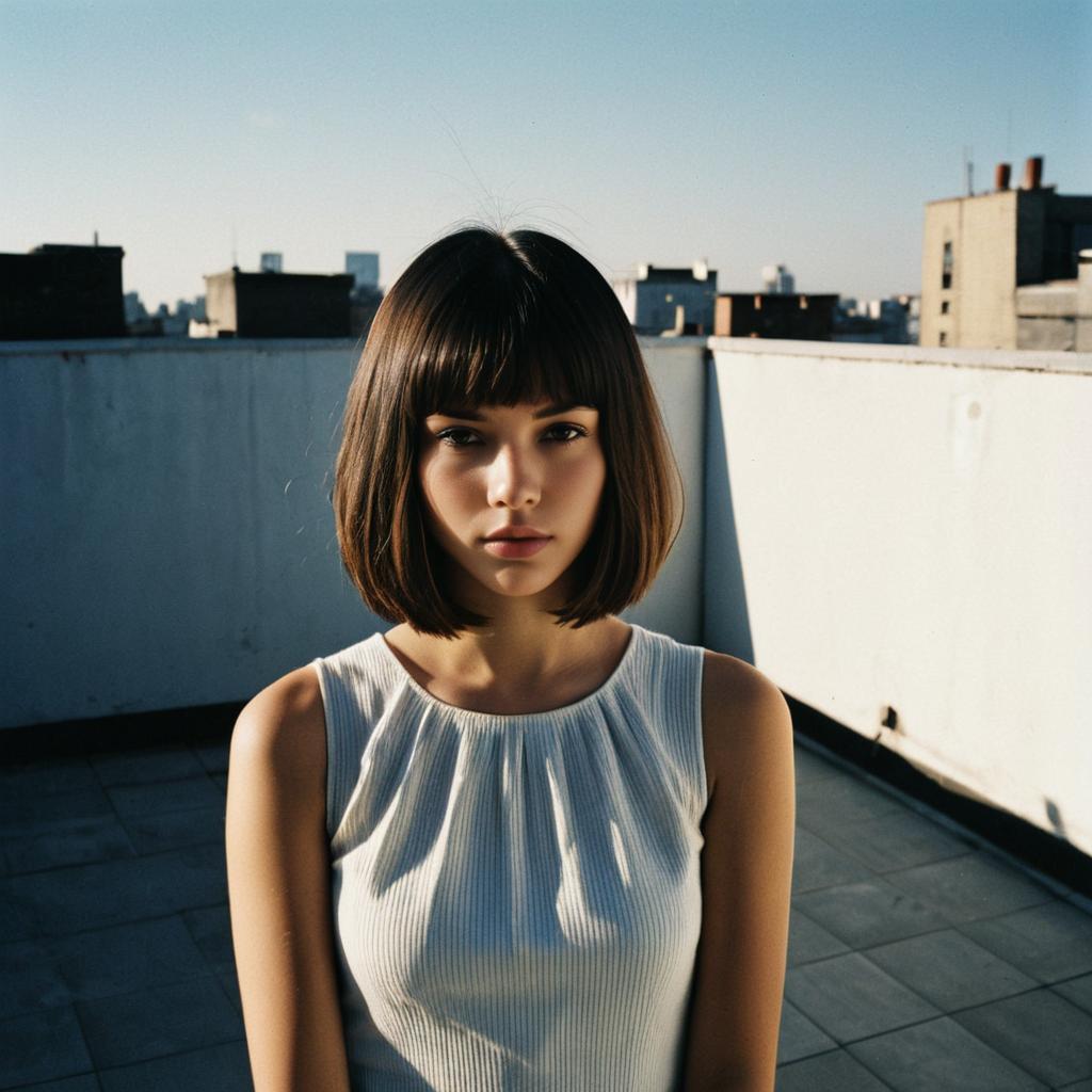 Young Woman with Bob Haircut on Urban Rooftop in Natural Light