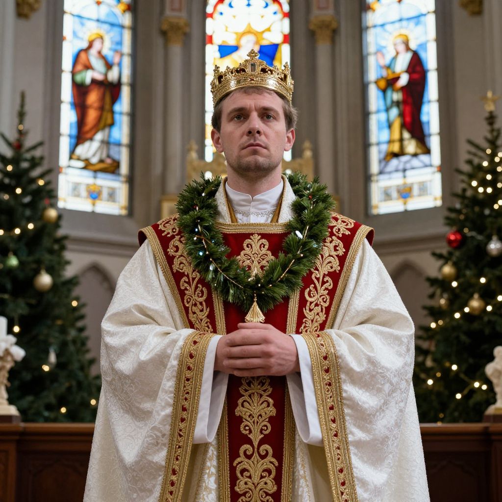 Man Dressed as King in Ornate Robes Standing in Festive Church Interior