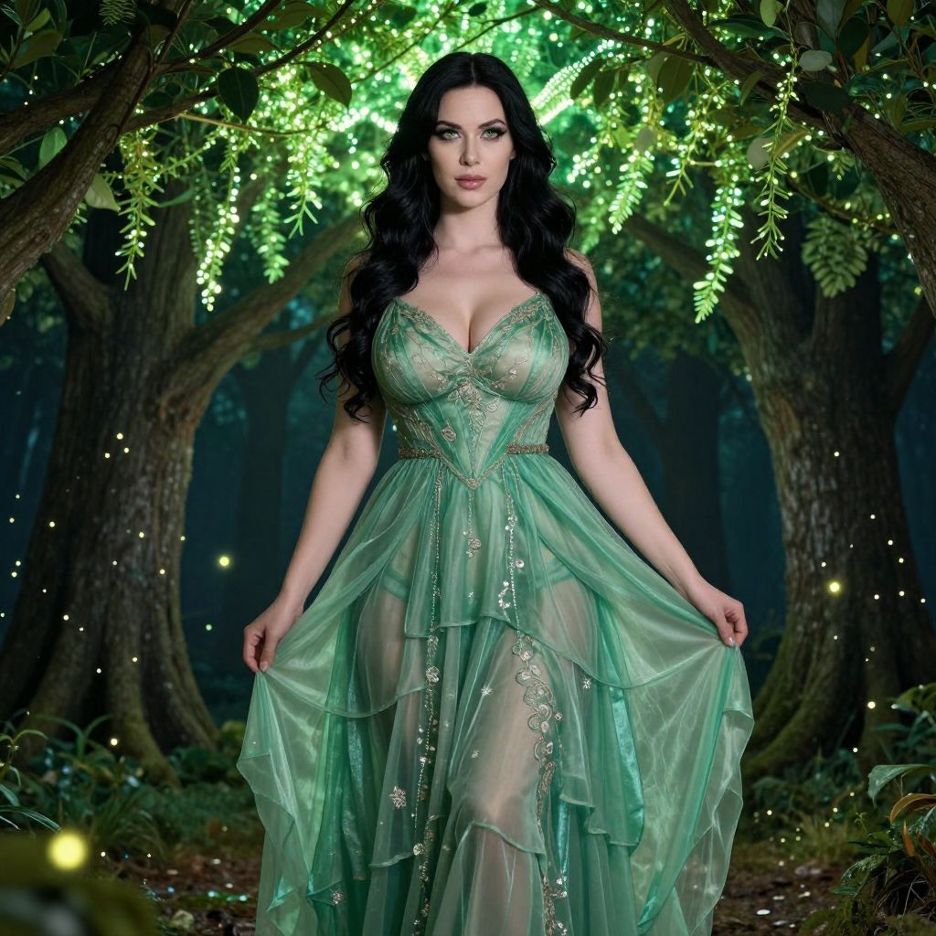 Elegant Woman in Green Fantasy Gown in Enchanted Forest