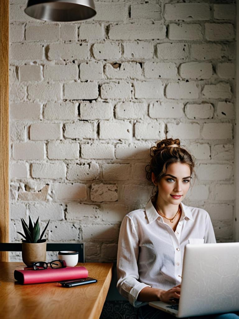 Young Woman Working on Laptop at Cozy Table