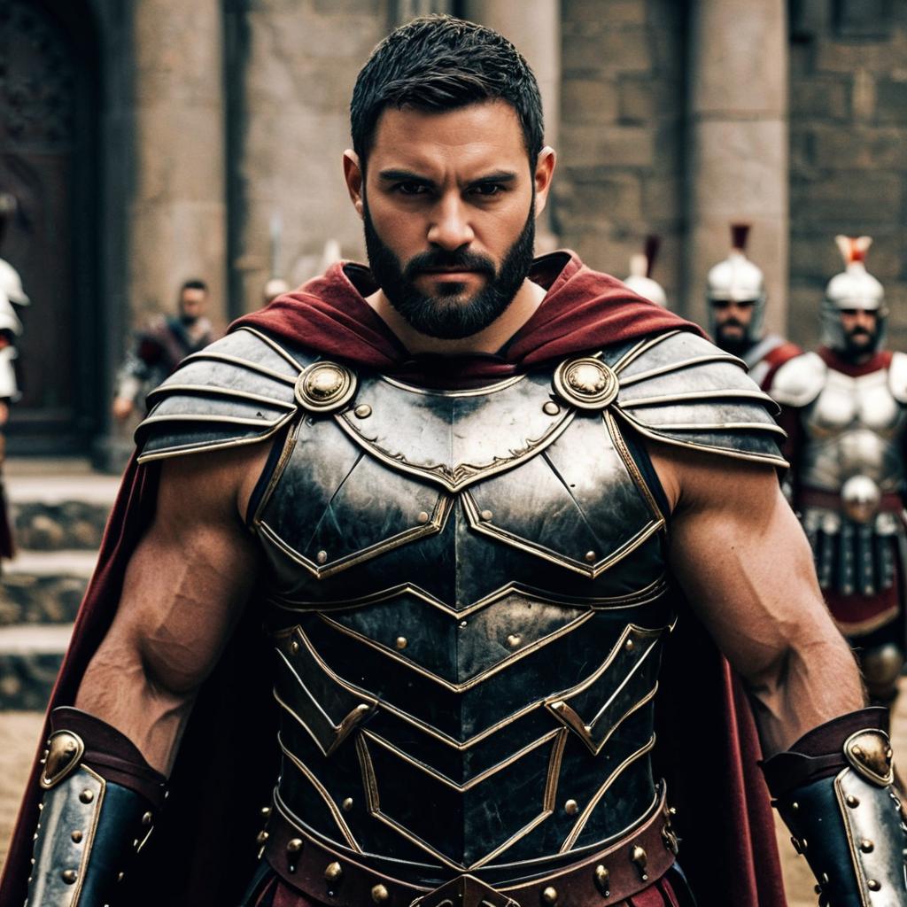 Male Gladiator Costume with Armor and Red Cape Intense Warrior