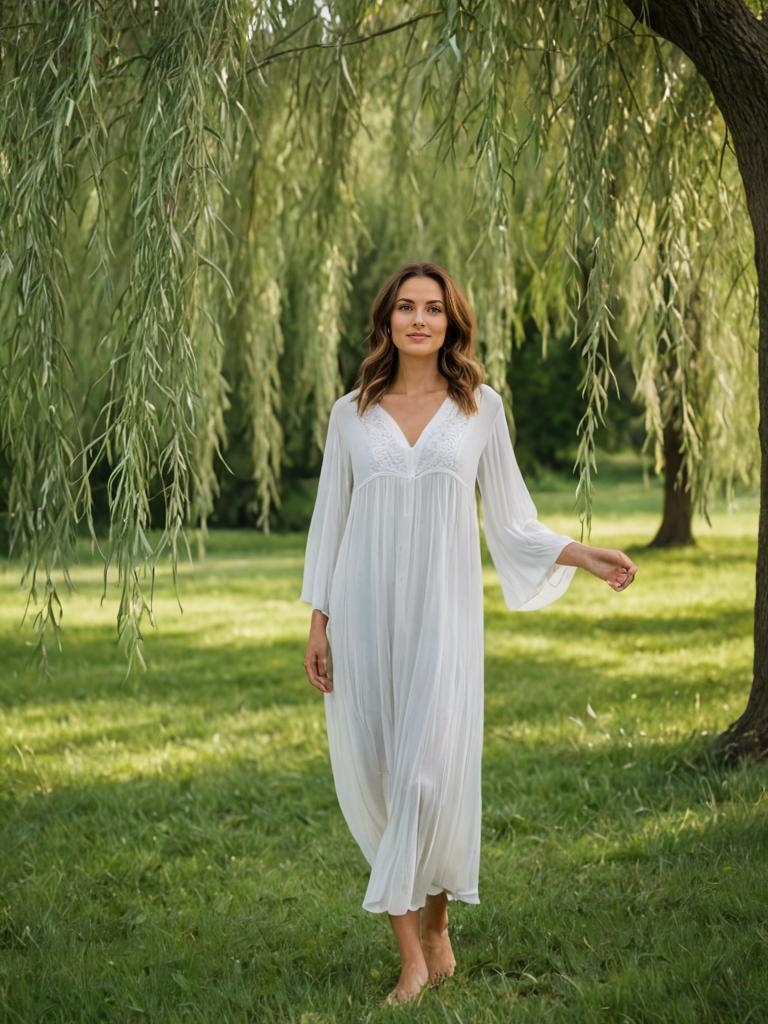 Woman in White Dress Under Willow Trees