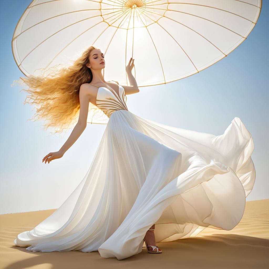 Model Twirling in White Gown Under Parasol