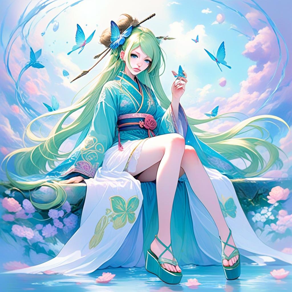 Serene Woman in Elegant Outfit with Green Hair and Butterflies Serene Woman in Elegant Outfit with Green Hair and Butterflies