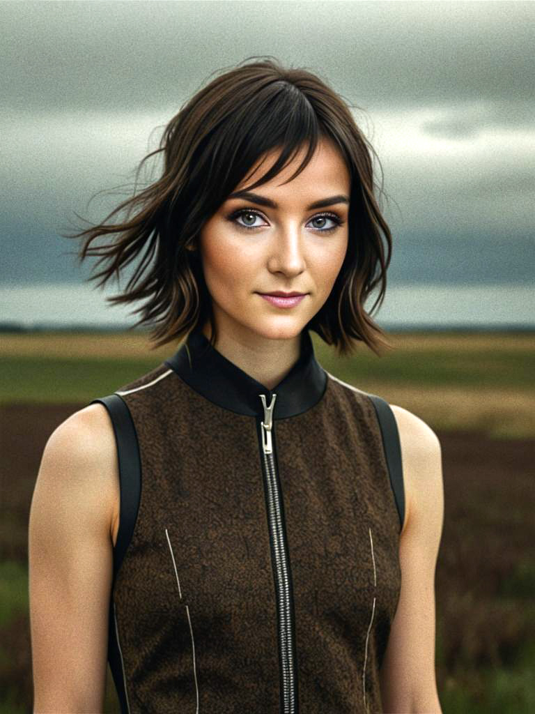 Young Woman with Blue Eyes in Stylish Outfit Against Overcast Sky