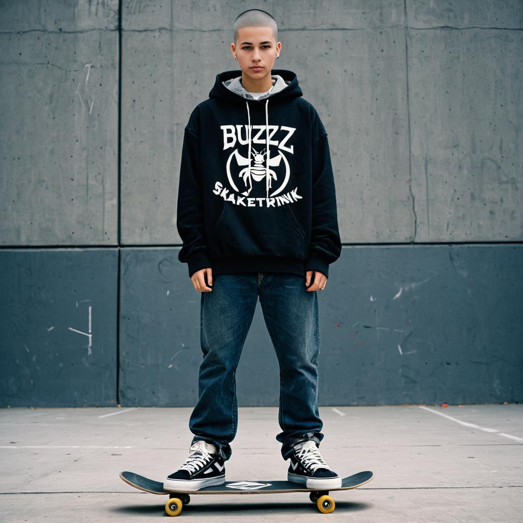 Young Man on Skateboard Wearing Black Hoodie in Urban Setting