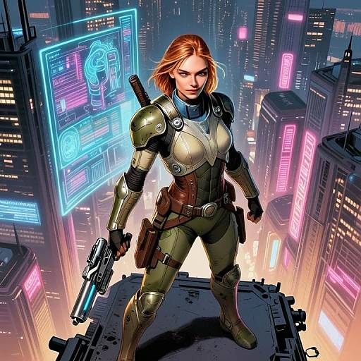 Woman Cyberpunk Warrior With Advanced Armor and High-Tech Pistol in Futuristic City