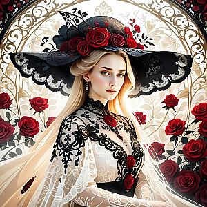 Woman in Black and White Lace Gown with Red Roses