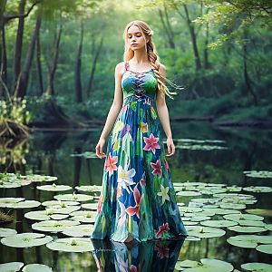 Young Woman on Water Lilies in Serene Pond