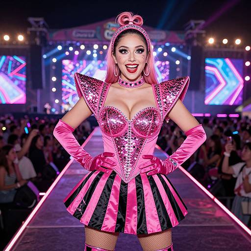 Futuristic Pink Sequined Costume on Female Model at Fashion Runway
