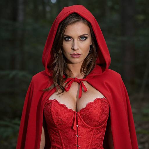 Woman in Red Hooded Cape and Lace Corset Forest Portrait