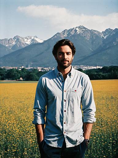 Man Wearing Jersey Button-Down Shirt Standing in Yellow Flower Field with Mountains