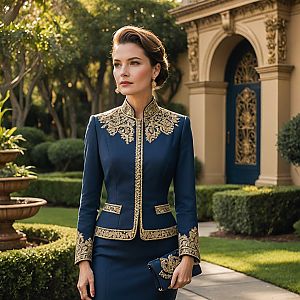 Sophisticated Woman in Navy Blue Outfit in Garden