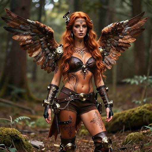 Steampunk Woman Warrior with Mechanical Wings and Tribal Tattoos in Forest