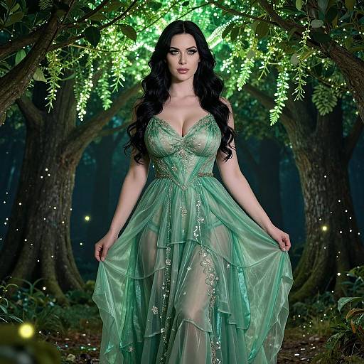 Elegant Woman in Green Fantasy Gown in Enchanted Forest