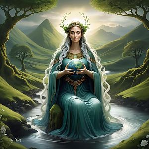 Mythical Woman by Flowing River with Earth Globe