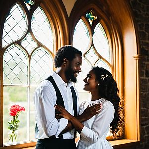 Joyful couple in front of stained glass windows